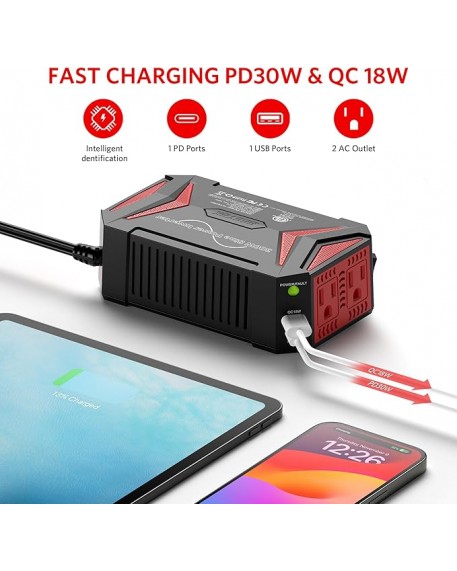 BESTEK 300Watt Pure Sine Wave Power Inverter with PD 30W USB-C QC18W USB Ports DC 12V to AC 110V